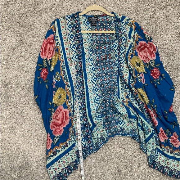 Angie Blue Boho Floral Print Open Front Short Sleeve Kimono Size Medium - Picture 5 of 6